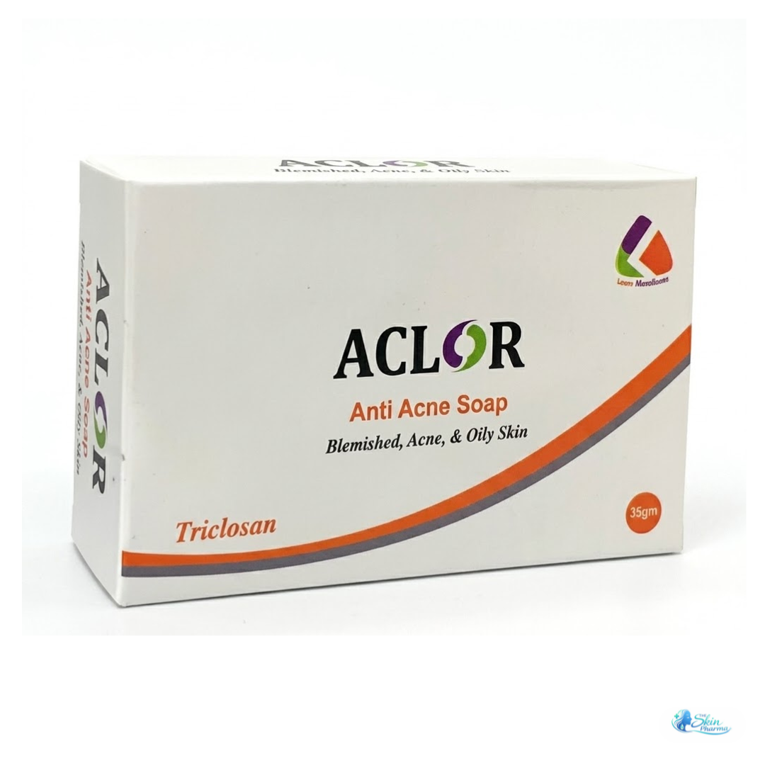 Aclor Anti-Acne Soap gently cleanses oily and acne-prone skin, removing excess oil and impurities for a fresh, clean feel.