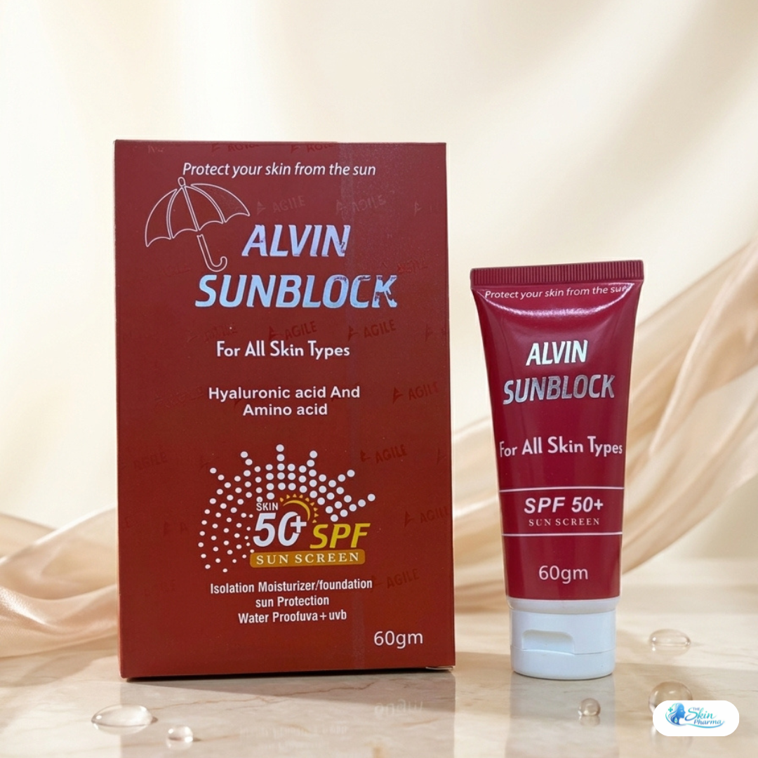 Alvin Sunblock SPF 50 provides broad-spectrum UVA/UVB protection with a lightweight, non-greasy formula for daily sun protection.