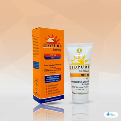 Biopure SunBlock SC SPF 50+ PA+++ provides broad-spectrum UVA/UVB protection with a lightweight, non-greasy, water-resistant formula.